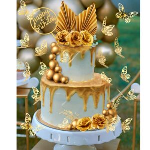 52 Pcs Flower Toppers for Cake Gold Balls Decorations Boho Topper Butterfly Birthday Wedding Baby Shower Party Decoration(Gold)