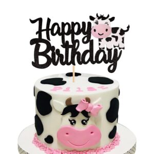 1 pcs cow happy birthday cake topper glitter farm animals birthday cow cake pick decorations for cow theme baby shower kids boys girls 1st birthday party cake decorations supplies