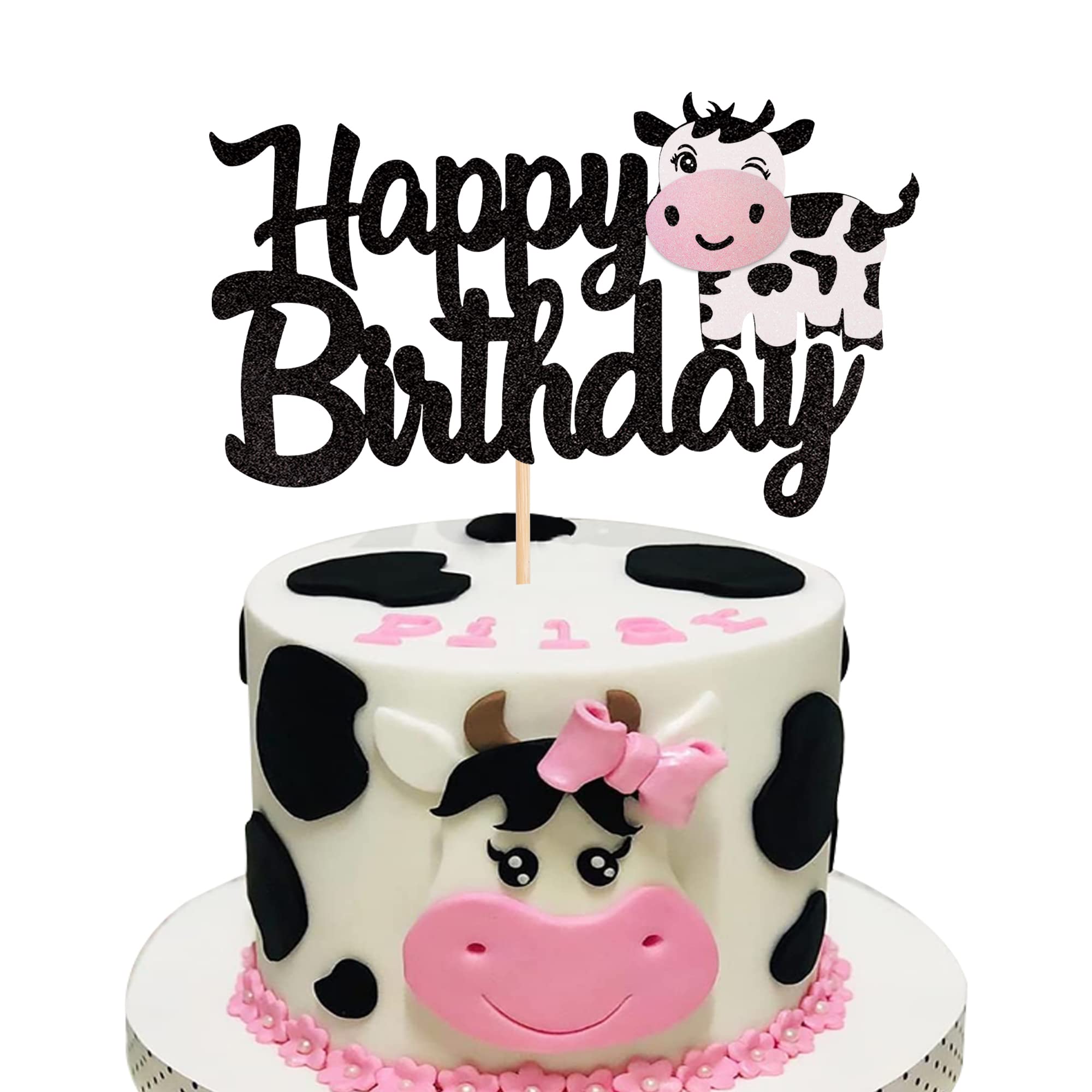 1 PCS Cow Happy Birthday Cake Topper Glitter Farm Animals Birthday Cow Cake Pick Decorations for Cow Theme Baby Shower Kids Boys Girls 1st Birthday Party Cake Decorations Supplies