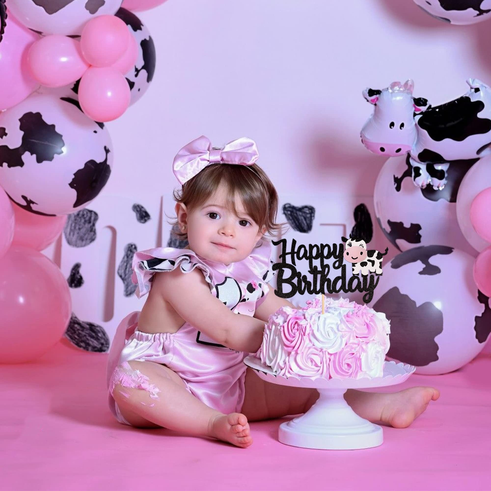 1 PCS Cow Happy Birthday Cake Topper Glitter Farm Animals Birthday Cow Cake Pick Decorations for Cow Theme Baby Shower Kids Boys Girls 1st Birthday Party Cake Decorations Supplies