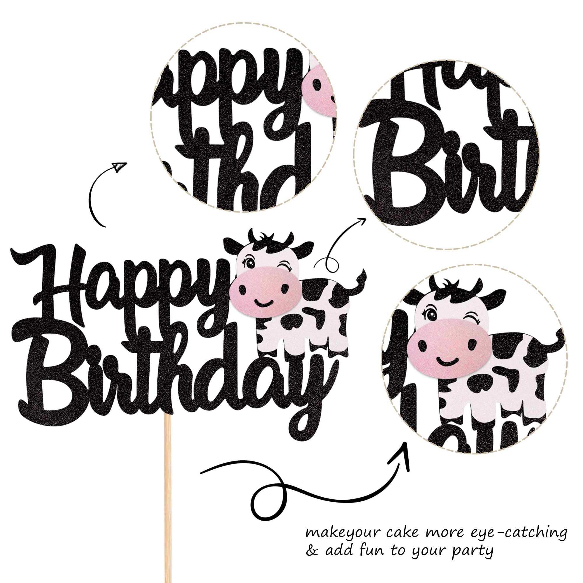 1 PCS Cow Happy Birthday Cake Topper Glitter Farm Animals Birthday Cow Cake Pick Decorations for Cow Theme Baby Shower Kids Boys Girls 1st Birthday Party Cake Decorations Supplies