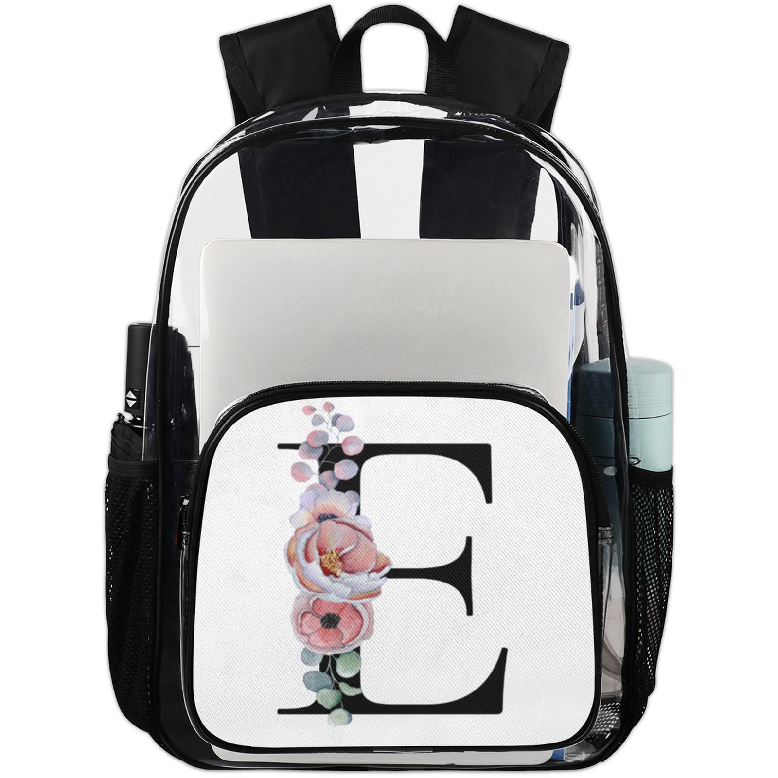 Heavy Duty Clear Backpack Stadium Approved, Alphabet Monogram Floral E Letter PVC Transparent Backpack See Through Large Bookbag for Work School Travel College