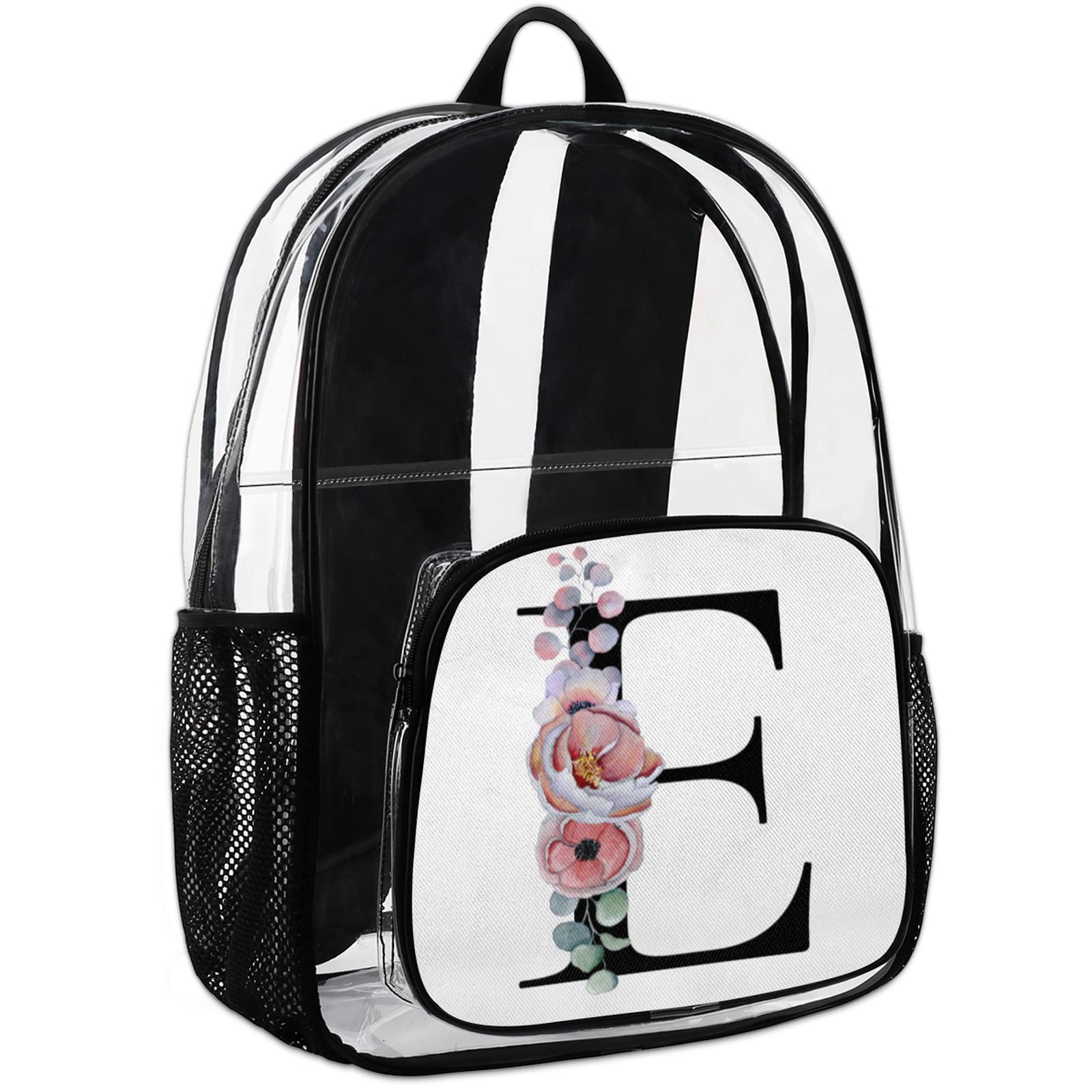 Heavy Duty Clear Backpack Stadium Approved, Alphabet Monogram Floral E Letter PVC Transparent Backpack See Through Large Bookbag for Work School Travel College