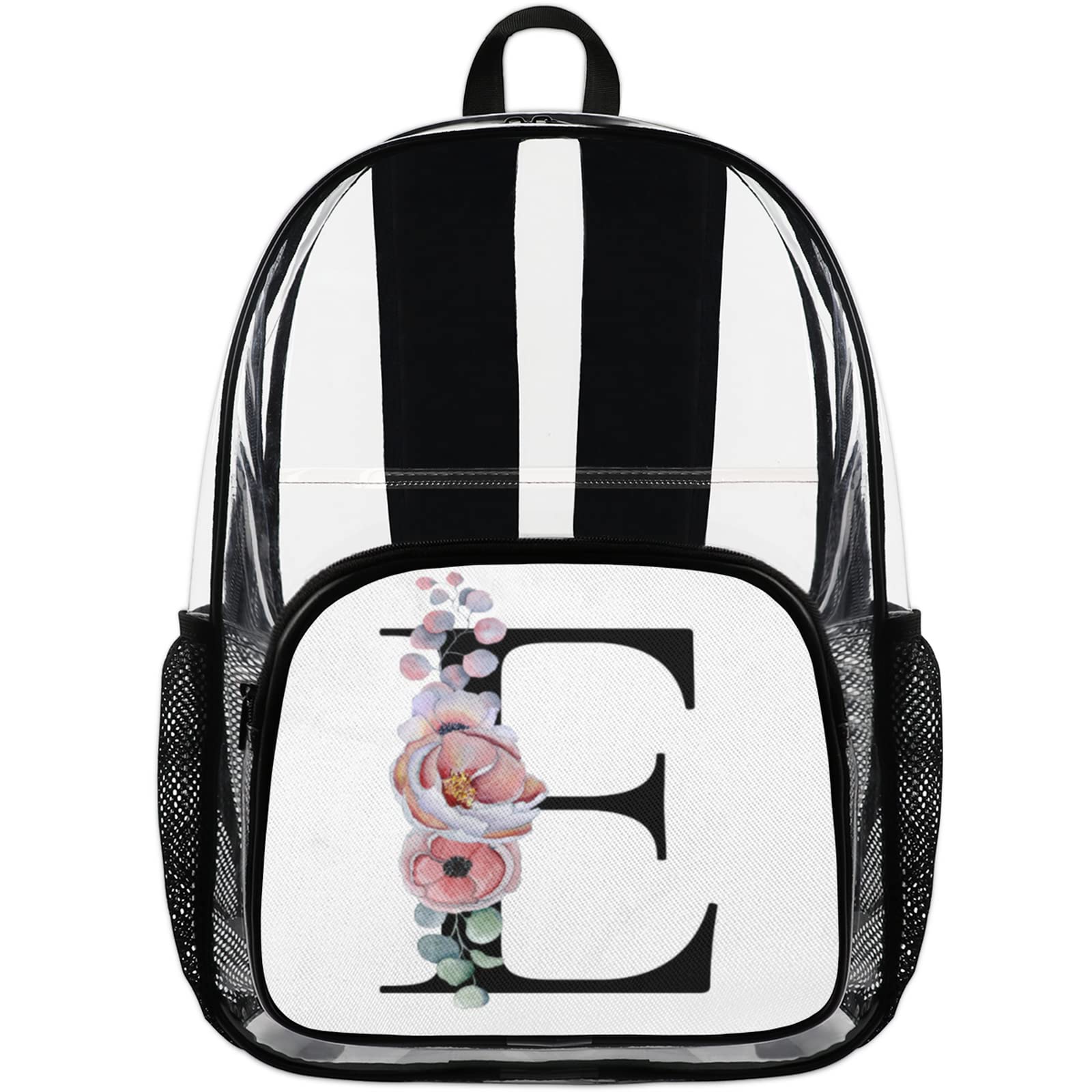 Heavy Duty Clear Backpack Stadium Approved, Alphabet Monogram Floral E Letter PVC Transparent Backpack See Through Large Bookbag for Work School Travel College