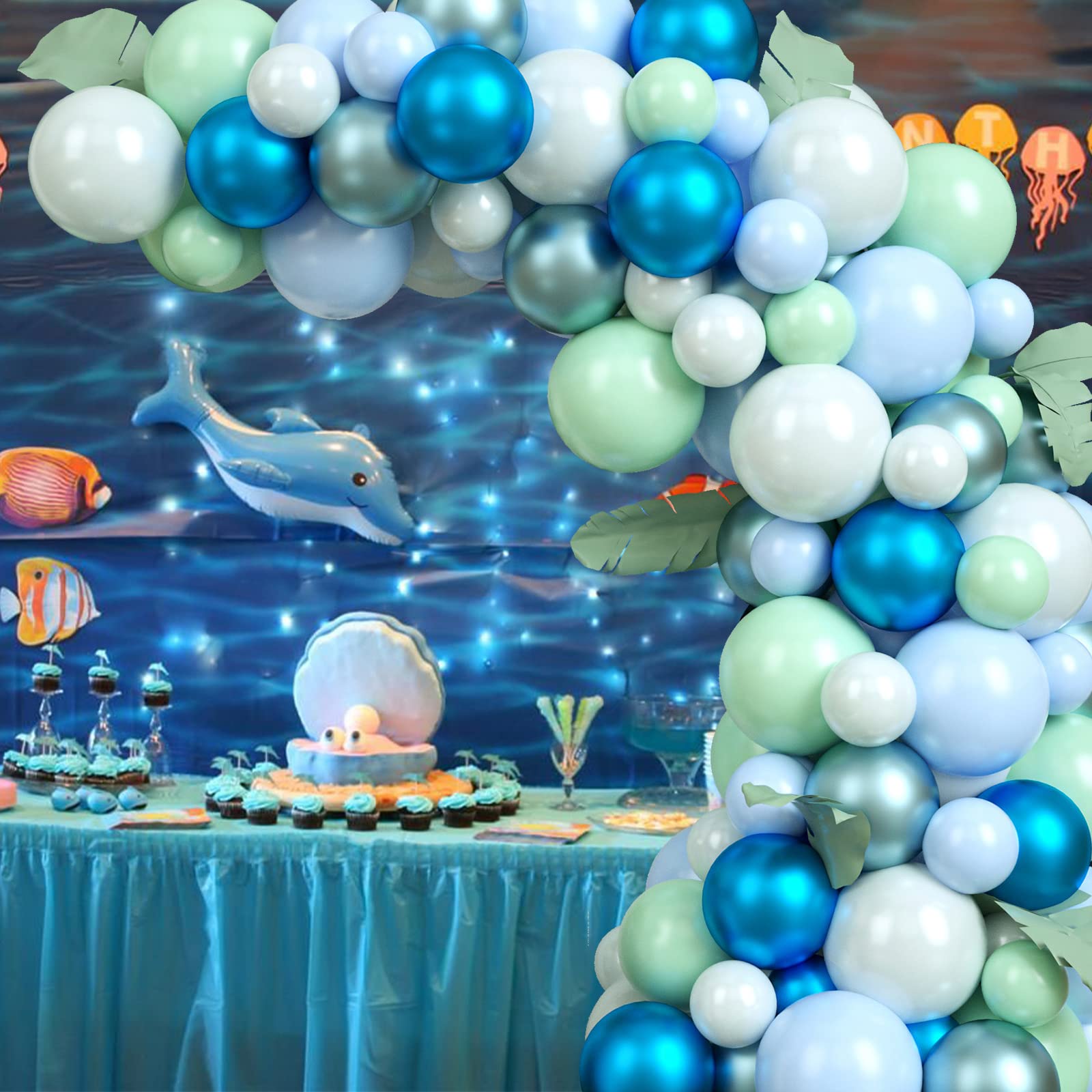 Balloon Garland Kit Green Blue White Balloons Ocean Balloon Arch Kit Under the Sea Party Decorations for Kids Baby Shower Birthday Shark Whale Theme Party