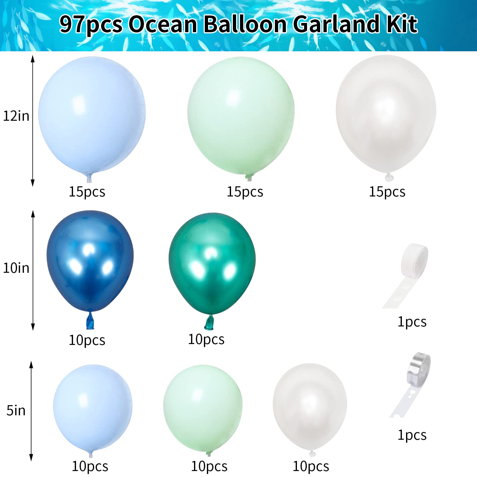 Balloon Garland Kit Green Blue White Balloons Ocean Balloon Arch Kit Under the Sea Party Decorations for Kids Baby Shower Birthday Shark Whale Theme Party