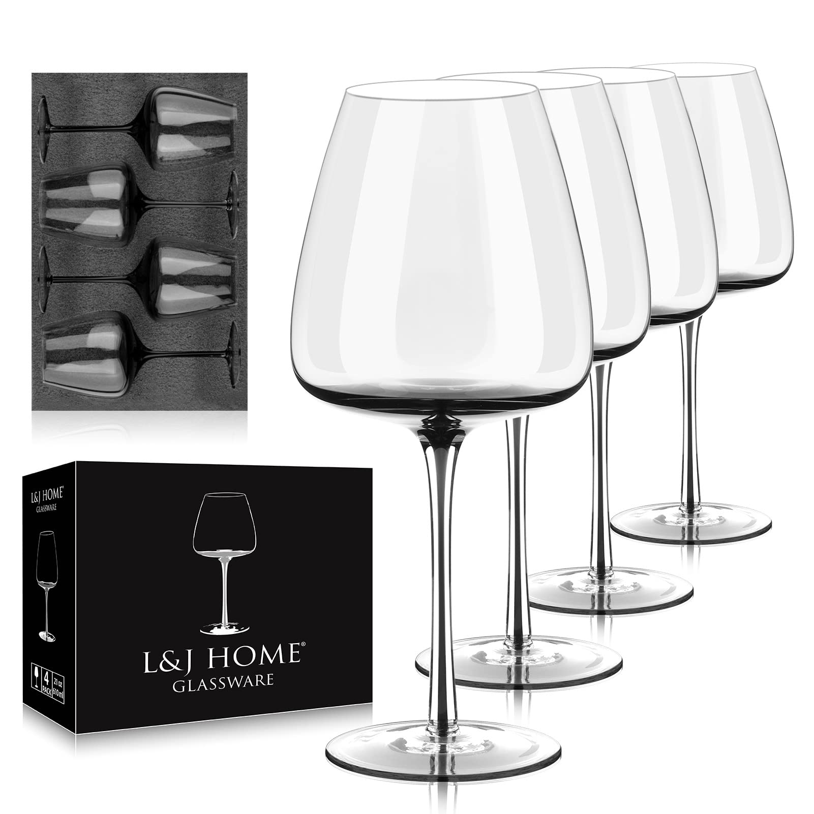 L＆J Home Red Wine Glasses Set of 4 - Hand-Blown Primary Colored Sandwich Burgundy Glasses with Smoke Hue Design - Premium Crystal Clear Wine Glasses - 21 Ounce