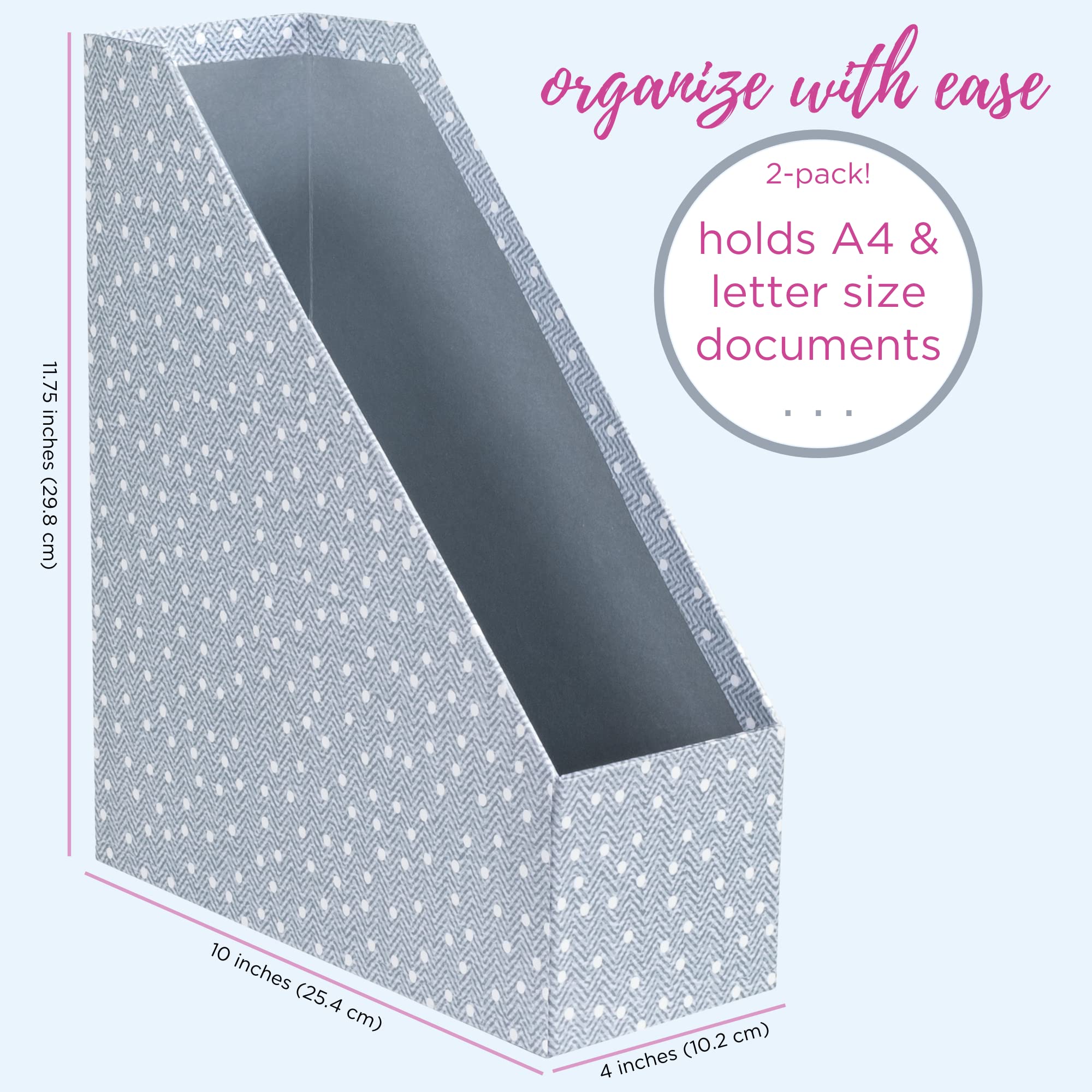 Steel Mill & Co Cute Blue Magazine Holder Set of 2, Vertical File Organizer, File Folder and Paper Holder, Desk Accessories & Workspace Organizers for Home or Office, Textured Large Dots