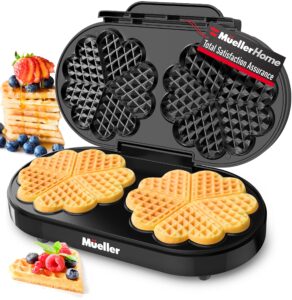 mueller double heart waffle maker, makes 10 mini hearts or 2 large waffles, 1200w premium performance, double, non-stick cooking plates with rapid even heating