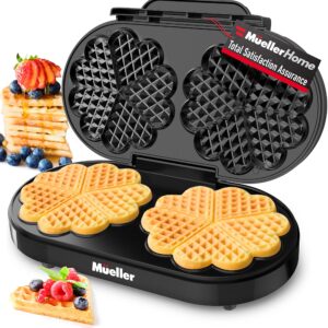 Mueller Double Heart Waffle Maker, Makes 10 Mini Hearts or 2 Large Waffles, 1200W Premium Performance, Double, Non-Stick Cooking Plates with Rapid Even Heating