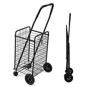 folding shopping cart,grocery utility shopping cart with four wheels,compact folding portable cart saves space for convenient storage,lightweight easy to move holds up to max 90ibs,black