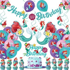 gogoparty little mermaid birthday decorations , 52 pcs mermaid ariel birthday party supplies include banner, cake topper, cupcake topper, balloons, swirl for kids baby shower mermaid party decors