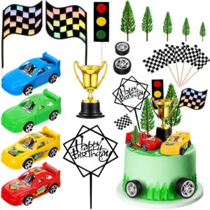 yulejo 38 pcs racing car cake decoration with race car cake topper wheel checkered racing flag cupcake topper black birthday cake topper race car birthday party supplies car themed party favor for kid