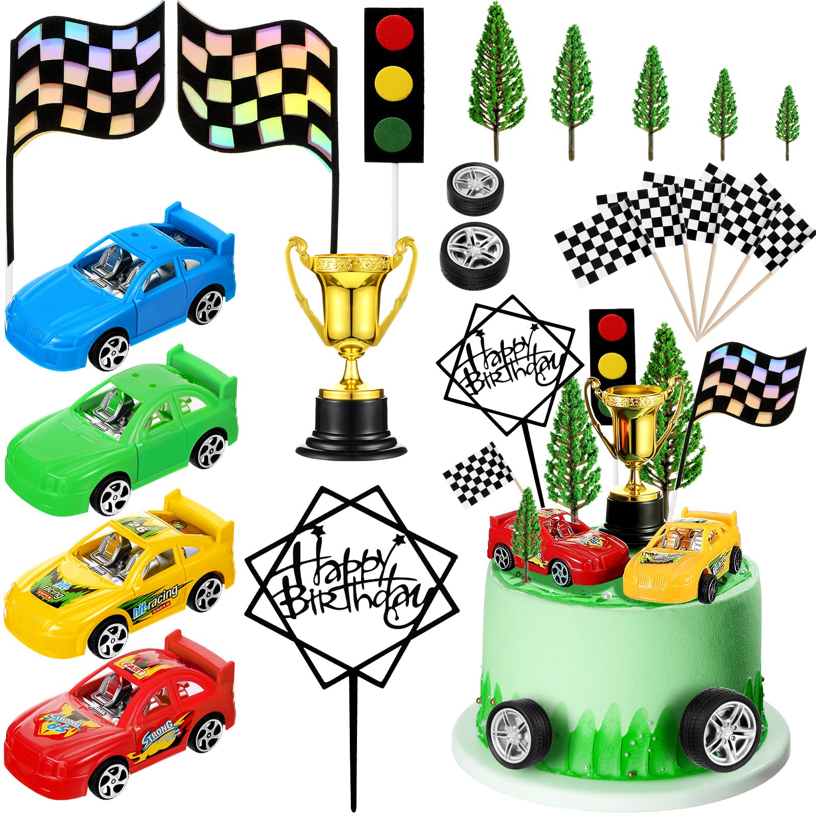 Yulejo 38 Pcs Racing Car Cake Decoration with Race Car Cake Topper Wheel Checkered Racing Flag Cupcake Topper Black Birthday Cake Topper Race Car Birthday Party Supplies Car Themed Party Favor for Kid