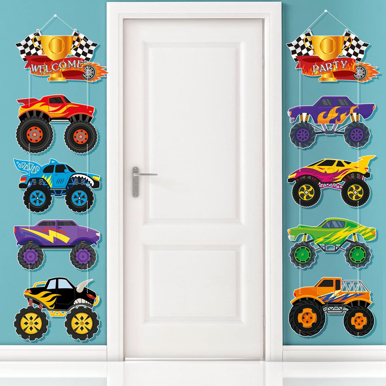 Truck Themed Party Decorations Car Cardboard Cutout Checkered Flag Birthday Party Banner Welcome Porch Sign Door Hanger Car Party Supplies Hanging Banner Welcome Sign Ornament