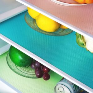 elyum 12 pcs refrigerator liners, washable eva refrigerator mats fridge shelf liners cuttable fridge mats for drawer table shelves (3 blue 3 green 3 pink 3 transparent, 17.7 x 11.4 inch)