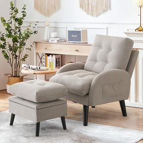 SENYUN Accent Chair with Ottoman, Comfy Living Room Chair and Storage Ottoman Set, Adjustable Extra-Thick Padded Backrest & Side Pocket, Lazy Sofa Chair for Bedroom