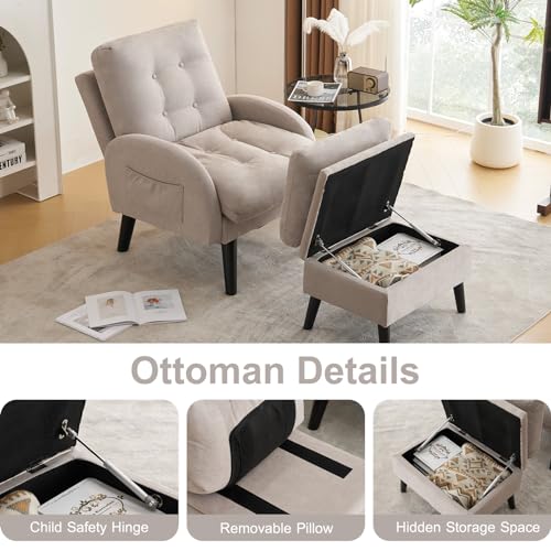 SENYUN Accent Chair with Ottoman, Comfy Living Room Chair and Storage Ottoman Set, Adjustable Extra-Thick Padded Backrest & Side Pocket, Lazy Sofa Chair for Bedroom