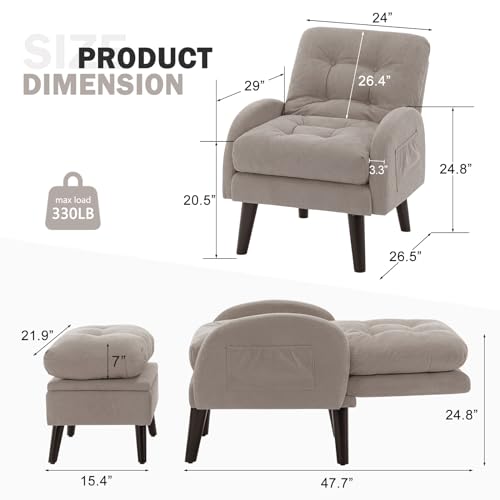 SENYUN Accent Chair with Ottoman, Comfy Living Room Chair and Storage Ottoman Set, Adjustable Extra-Thick Padded Backrest & Side Pocket, Lazy Sofa Chair for Bedroom