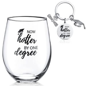 2024 graduation wine glass gift set, including now hotter by one degree 15 oz stemless wine glass and funny graduation keychain congratulation gift for him college high school graduates masters her