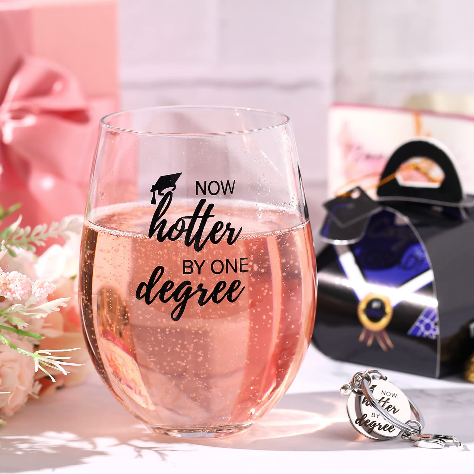 2024 Graduation Wine Glass Gift Set, Including Now Hotter by One Degree 15 oz Stemless Wine Glass and Funny Graduation Keychain Congratulation Gift for Him College High School Graduates Masters Her