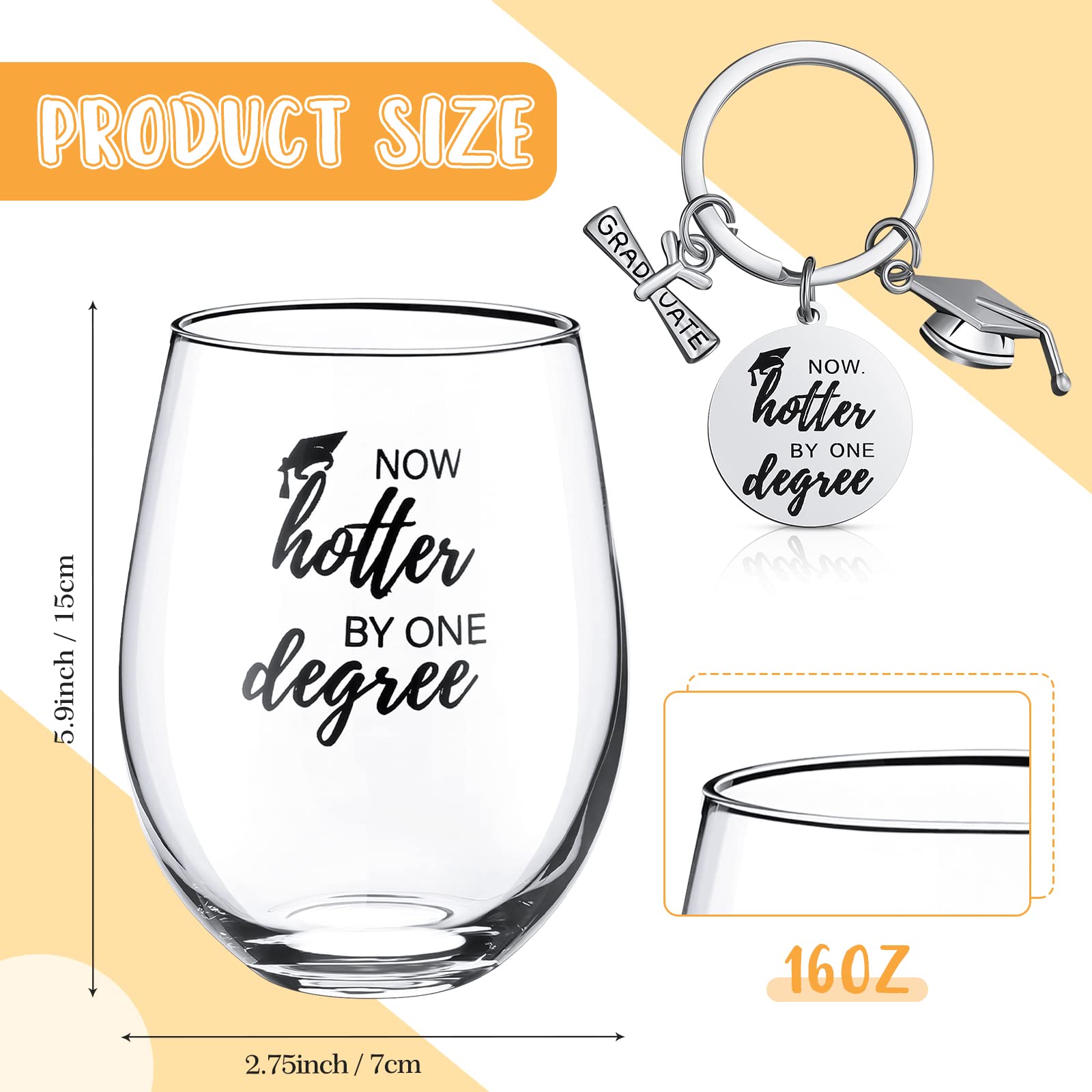 2024 Graduation Wine Glass Gift Set, Including Now Hotter by One Degree 15 oz Stemless Wine Glass and Funny Graduation Keychain Congratulation Gift for Him College High School Graduates Masters Her