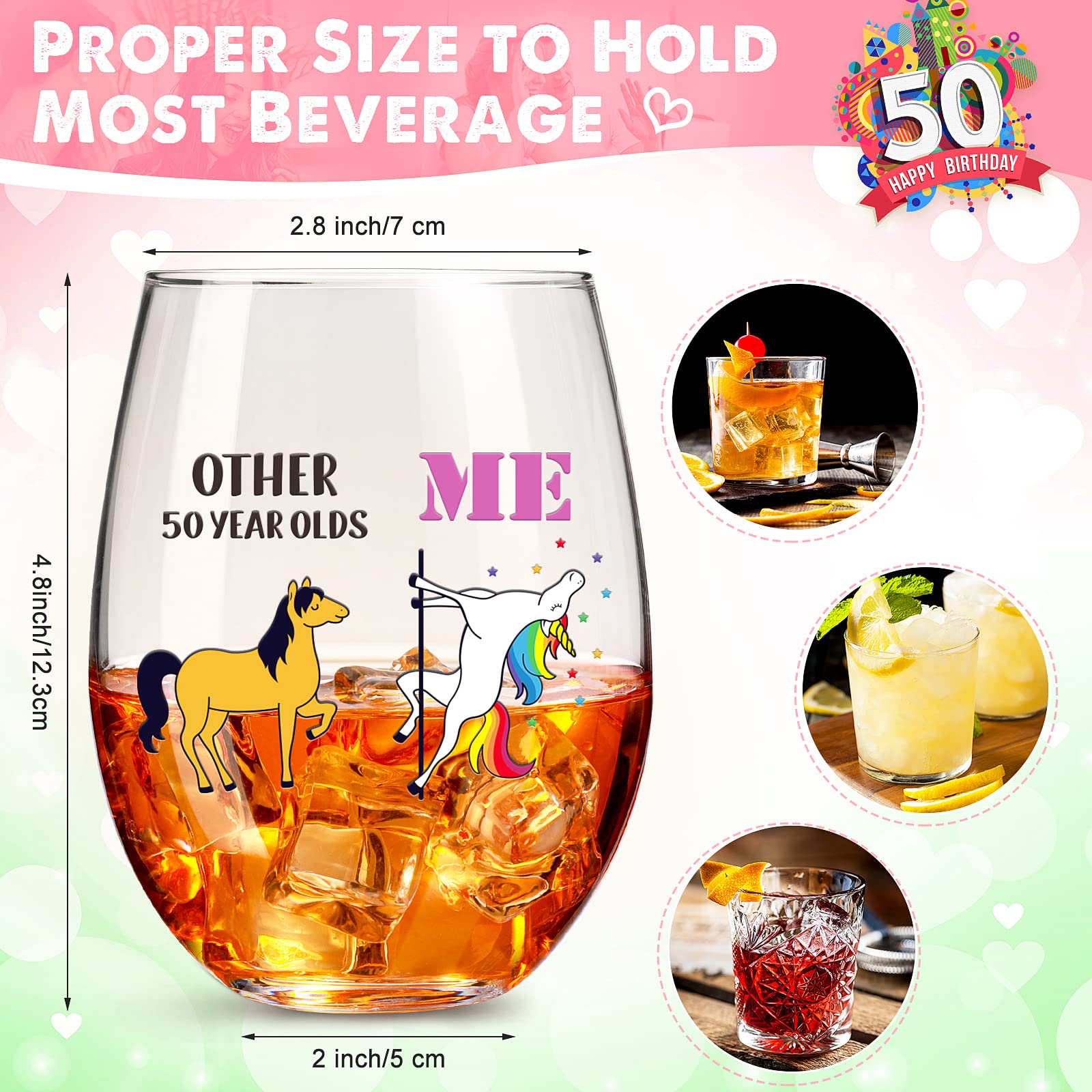Patelai Birthday Gifts for Women Men Friends, Other 40/50 Year Olds Me Unicorn Wine Glass, Personalized 40th 50th 17oz Stemless Wine Glass Gifts for BFF, Coworker, Mom, Dad (Other 50 Year Olds Me)
