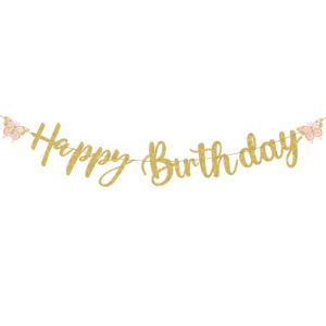 KatchOn, Glitter Gold Happy Birthday Banner - Pre-Strung, No DIY | Butterfly Birthday Banner | Gold Happy Birthday Sign for Girls, Gold Happy Birthday Decorations for Women, Birthday Party Decorations