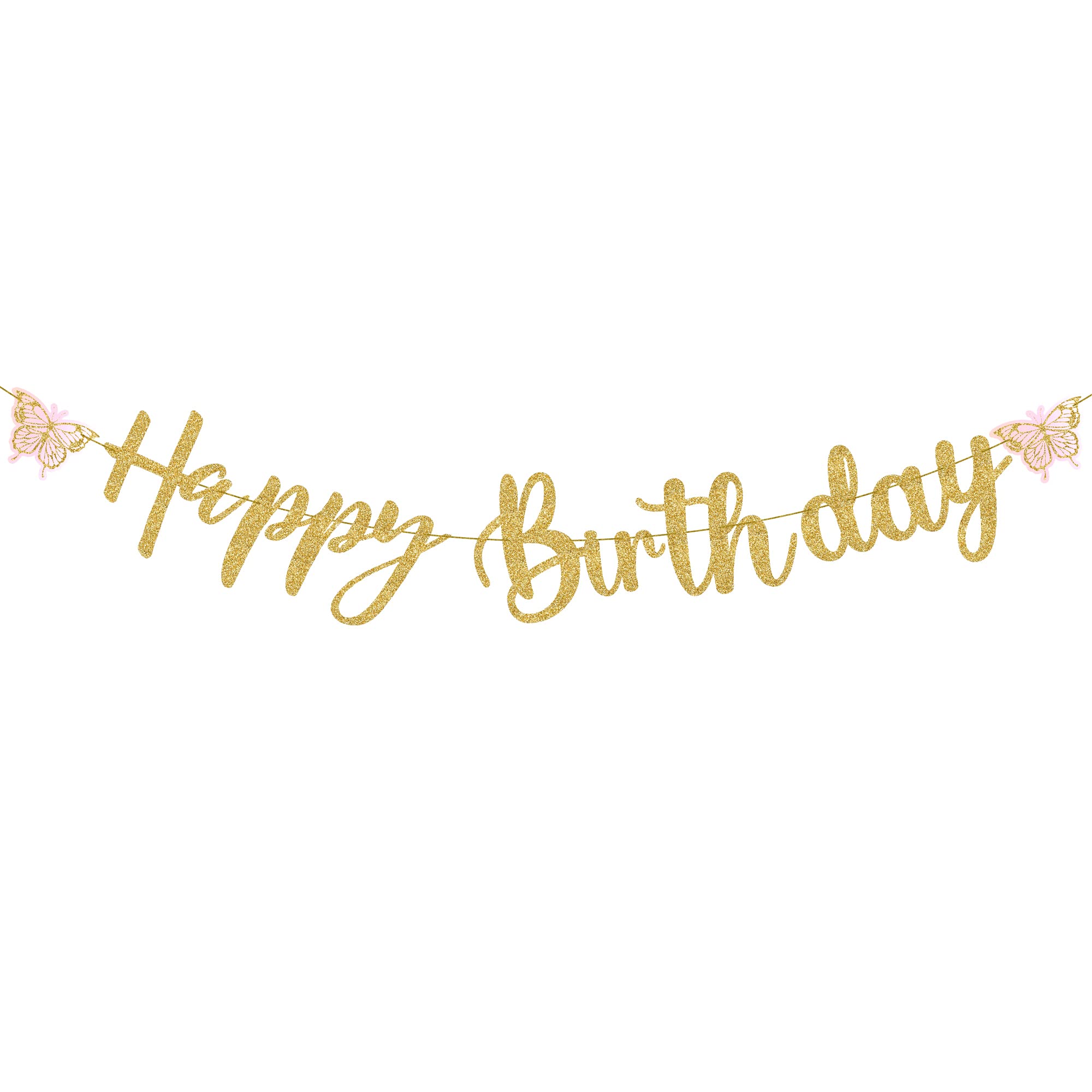 KatchOn, Glitter Gold Happy Birthday Banner - Pre-Strung, No DIY | Butterfly Birthday Banner | Gold Happy Birthday Sign for Girls, Gold Happy Birthday Decorations for Women, Birthday Party Decorations