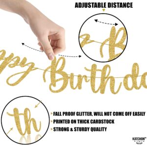 KatchOn, Glitter Gold Happy Birthday Banner - Pre-Strung, No DIY | Butterfly Birthday Banner | Gold Happy Birthday Sign for Girls, Gold Happy Birthday Decorations for Women, Birthday Party Decorations