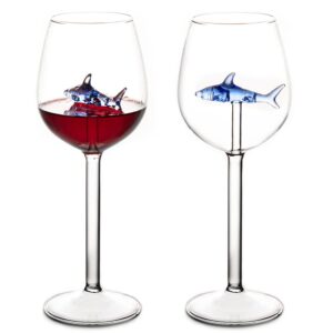 wine glasses with shark inside, 2 pcs blue unique wine glasses for shark lover wedding gifts
