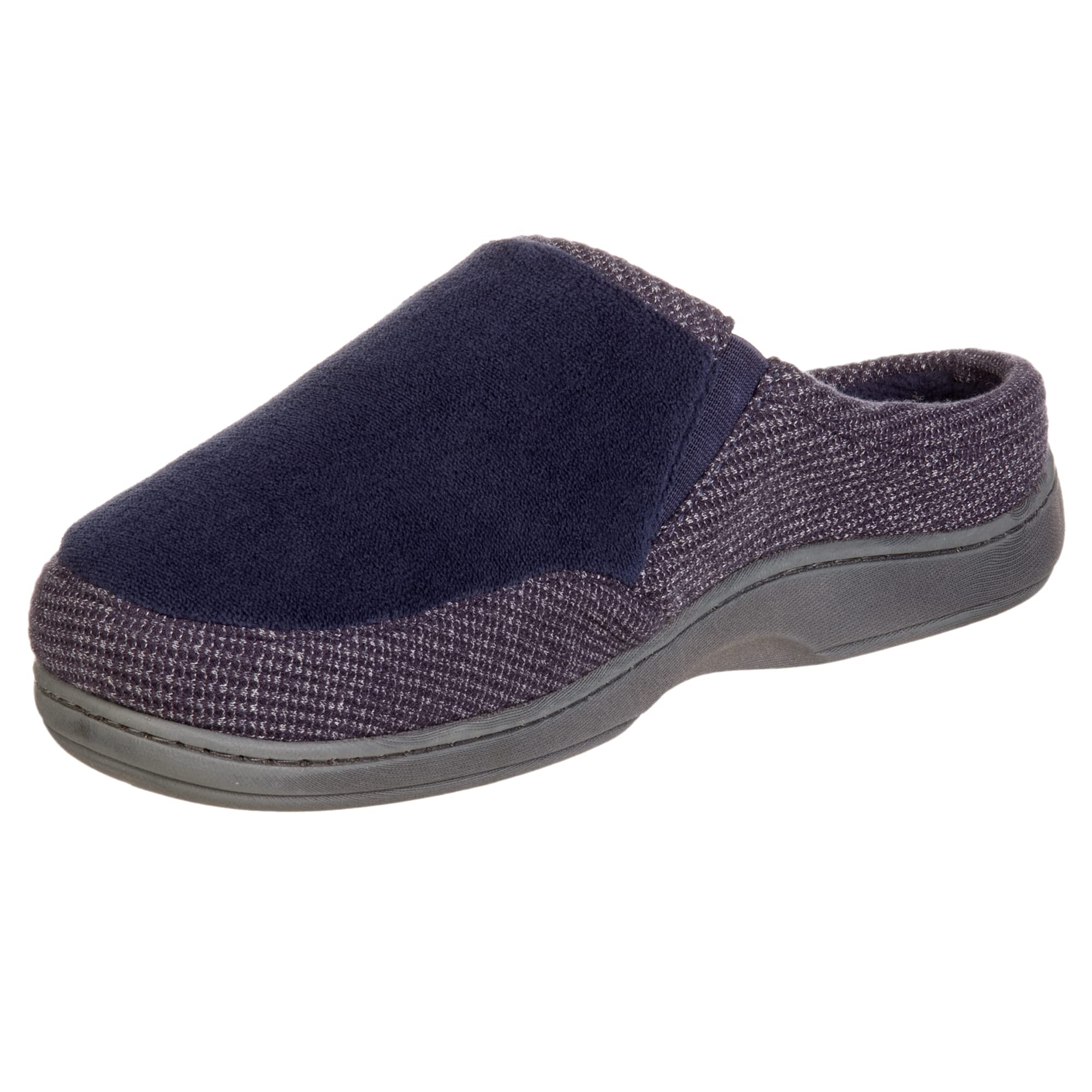 isotoner Men's Microterry and Waffle Travis Slip-On Hoodback Slipper, Navy Blue, 8-9