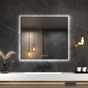okpal 24x32 inch backlit led bathroom mirror for wall, black framed lighted wall mirror, dimmable vanity mirror with lights, anti-fog, shatterproof, etl listed (horizontal/vertical)