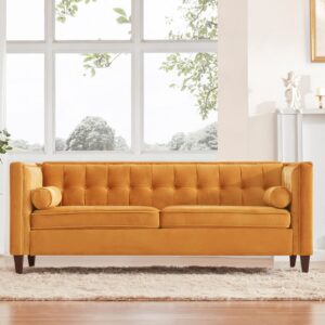 Dreamsir 58'' W Velvet Sofa, Mid-Century Modern Love Seats Sofa Furniture with Two Bolster Pillows, Button Tufted Couch for Living Room, Easy Assembly (Loveseat, Ginger)