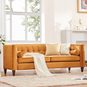 Dreamsir 58'' W Velvet Sofa, Mid-Century Modern Love Seats Sofa Furniture with Two Bolster Pillows, Button Tufted Couch for Living Room, Easy Assembly (Loveseat, Ginger)