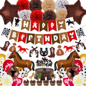 boramdo western cowboy birthday party decoration pack 59 pcs, cowboy theme party supplies include happy birthday banner horses garland cake cupcake toppers paper flowers balloons set for western party