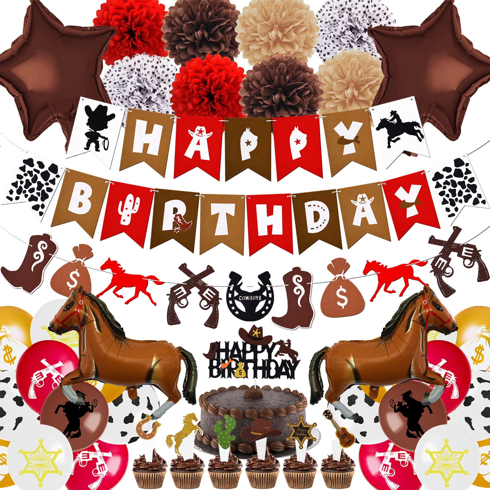 BORAMDO Western Cowboy Birthday Party Decoration Pack 59 Pcs, Cowboy Theme Party Supplies Include Happy Birthday Banner Horses Garland Cake Cupcake Toppers Paper Flowers Balloons Set for Western Party