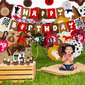 BORAMDO Western Cowboy Birthday Party Decoration Pack 59 Pcs, Cowboy Theme Party Supplies Include Happy Birthday Banner Horses Garland Cake Cupcake Toppers Paper Flowers Balloons Set for Western Party