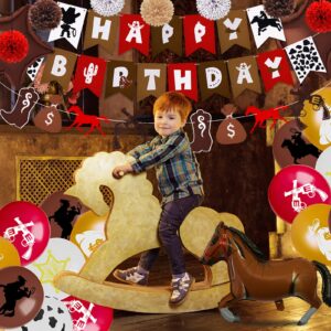 BORAMDO Western Cowboy Birthday Party Decoration Pack 59 Pcs, Cowboy Theme Party Supplies Include Happy Birthday Banner Horses Garland Cake Cupcake Toppers Paper Flowers Balloons Set for Western Party
