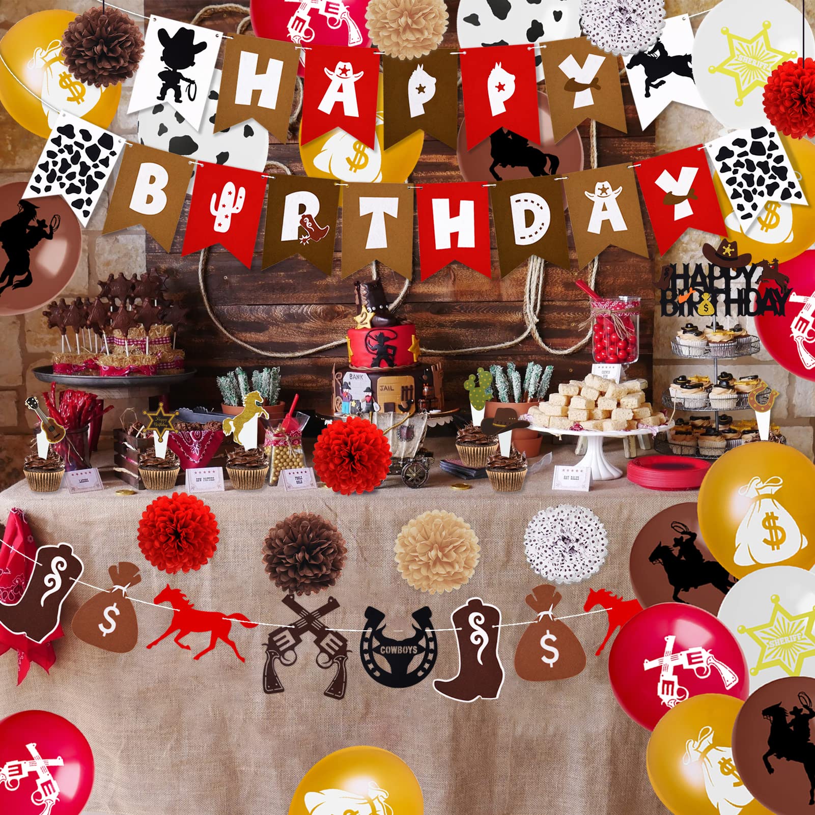 BORAMDO Western Cowboy Birthday Party Decoration Pack 59 Pcs, Cowboy Theme Party Supplies Include Happy Birthday Banner Horses Garland Cake Cupcake Toppers Paper Flowers Balloons Set for Western Party