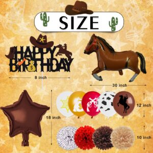 BORAMDO Western Cowboy Birthday Party Decoration Pack 59 Pcs, Cowboy Theme Party Supplies Include Happy Birthday Banner Horses Garland Cake Cupcake Toppers Paper Flowers Balloons Set for Western Party