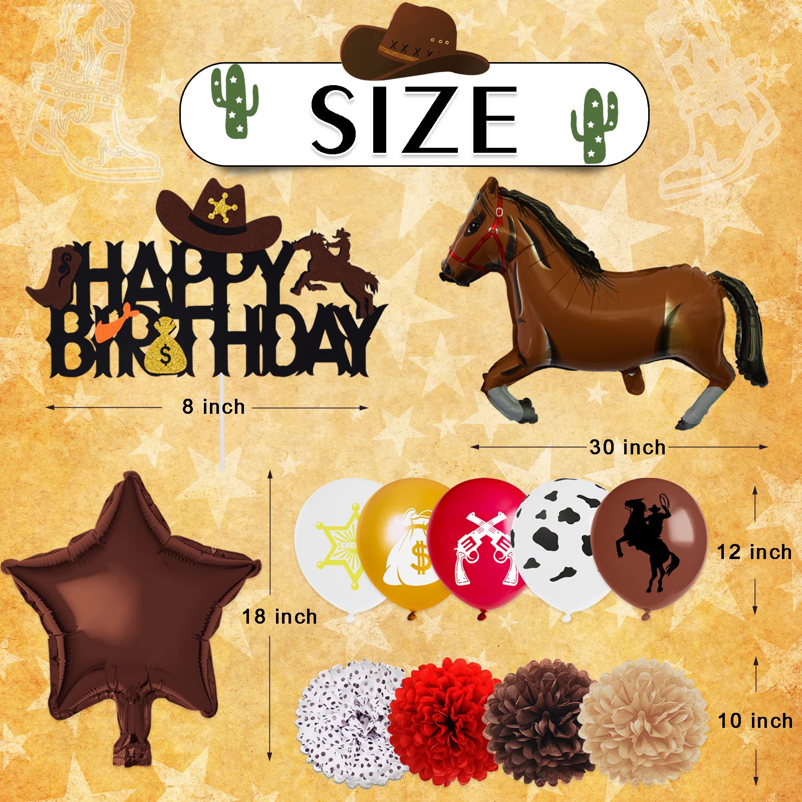 BORAMDO Western Cowboy Birthday Party Decoration Pack 59 Pcs, Cowboy Theme Party Supplies Include Happy Birthday Banner Horses Garland Cake Cupcake Toppers Paper Flowers Balloons Set for Western Party