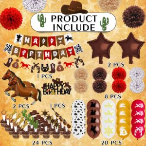 BORAMDO Western Cowboy Birthday Party Decoration Pack 59 Pcs, Cowboy Theme Party Supplies Include Happy Birthday Banner Horses Garland Cake Cupcake Toppers Paper Flowers Balloons Set for Western Party