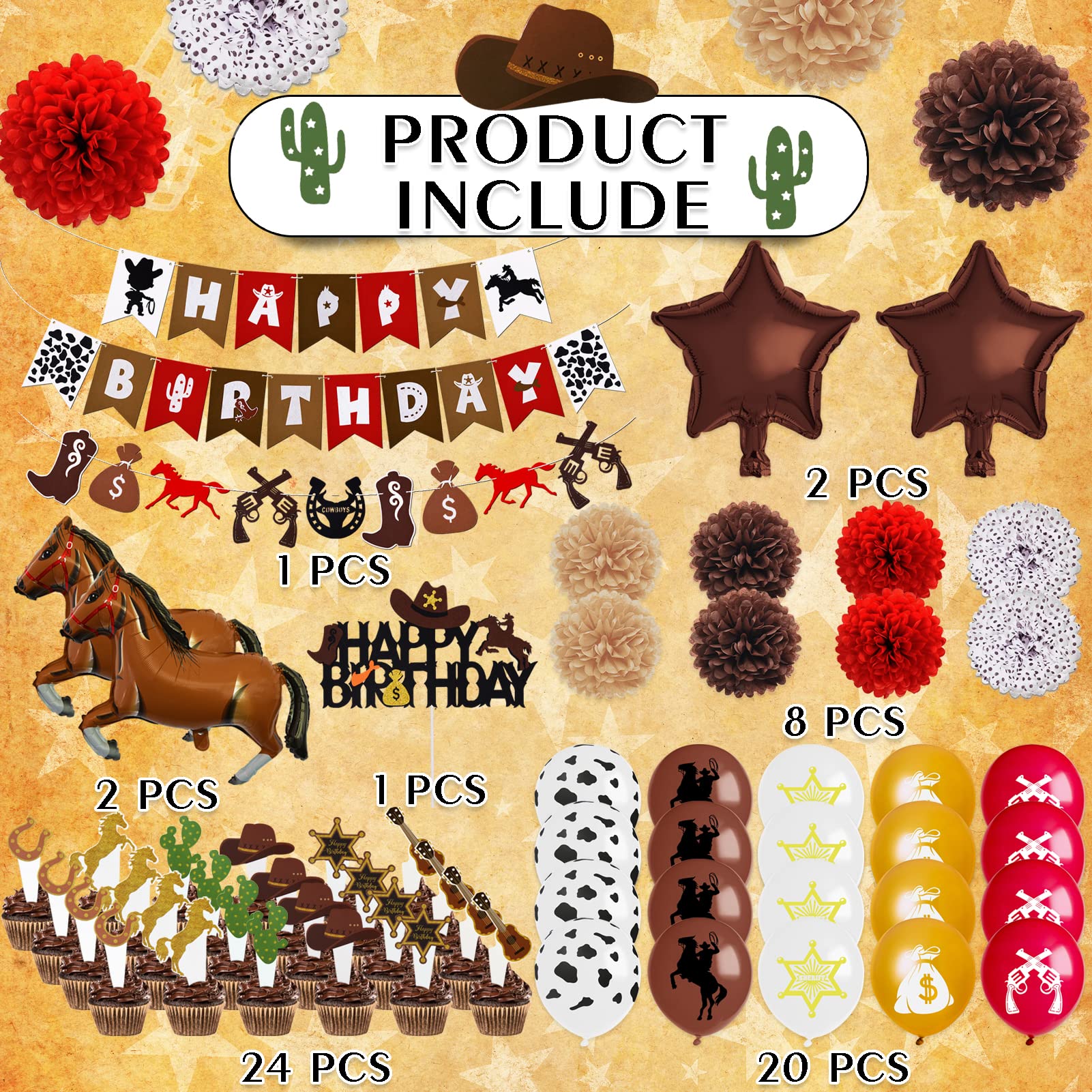 BORAMDO Western Cowboy Birthday Party Decoration Pack 59 Pcs, Cowboy Theme Party Supplies Include Happy Birthday Banner Horses Garland Cake Cupcake Toppers Paper Flowers Balloons Set for Western Party