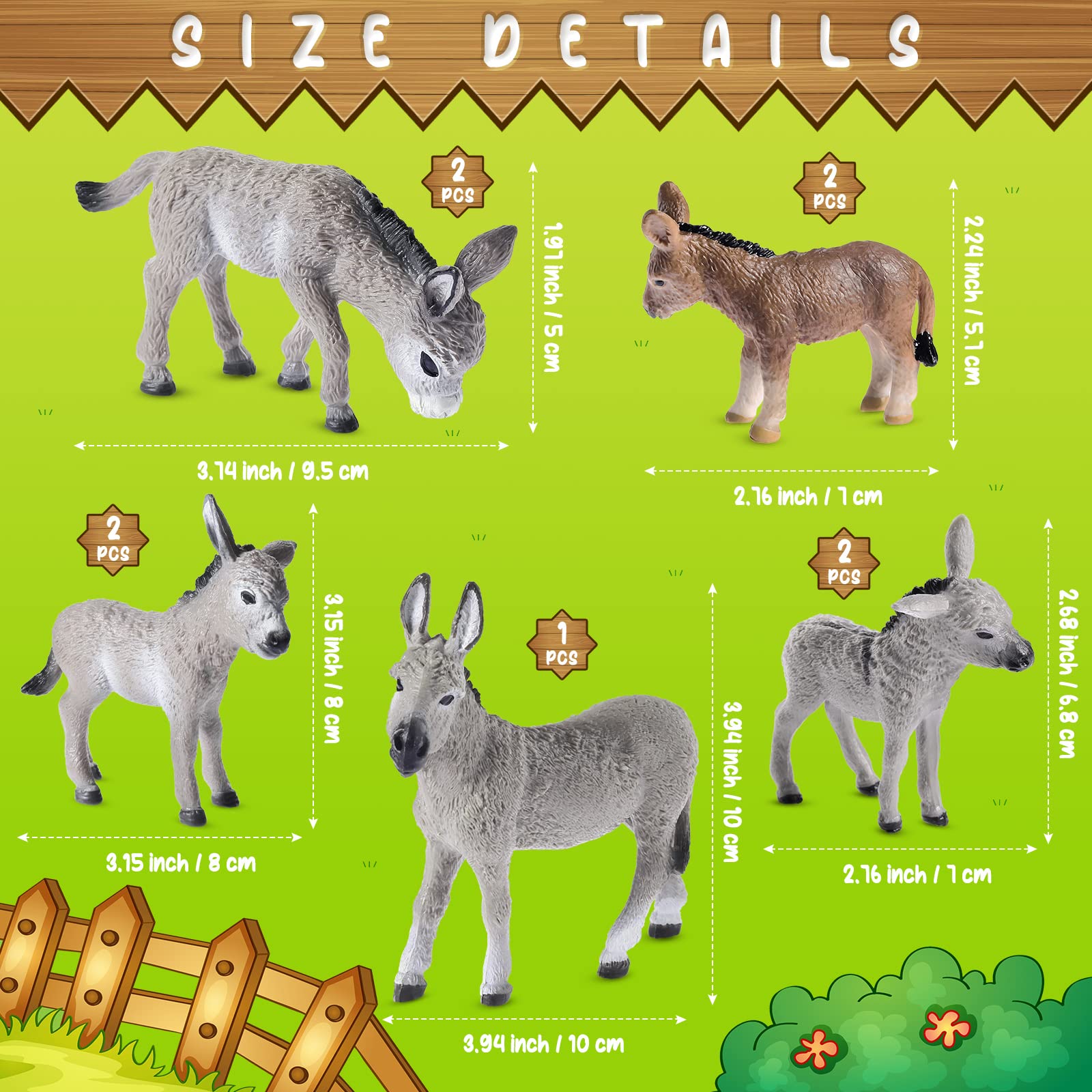 9 Pcs Donkey Figurine Miniature Toy Donkey Small Plastic Animal Figurine Party Favors Realistic Farm Toys Simulated Model Little Preschool Toy Figure Playset Cake Topper for Collection Birthday Gifts