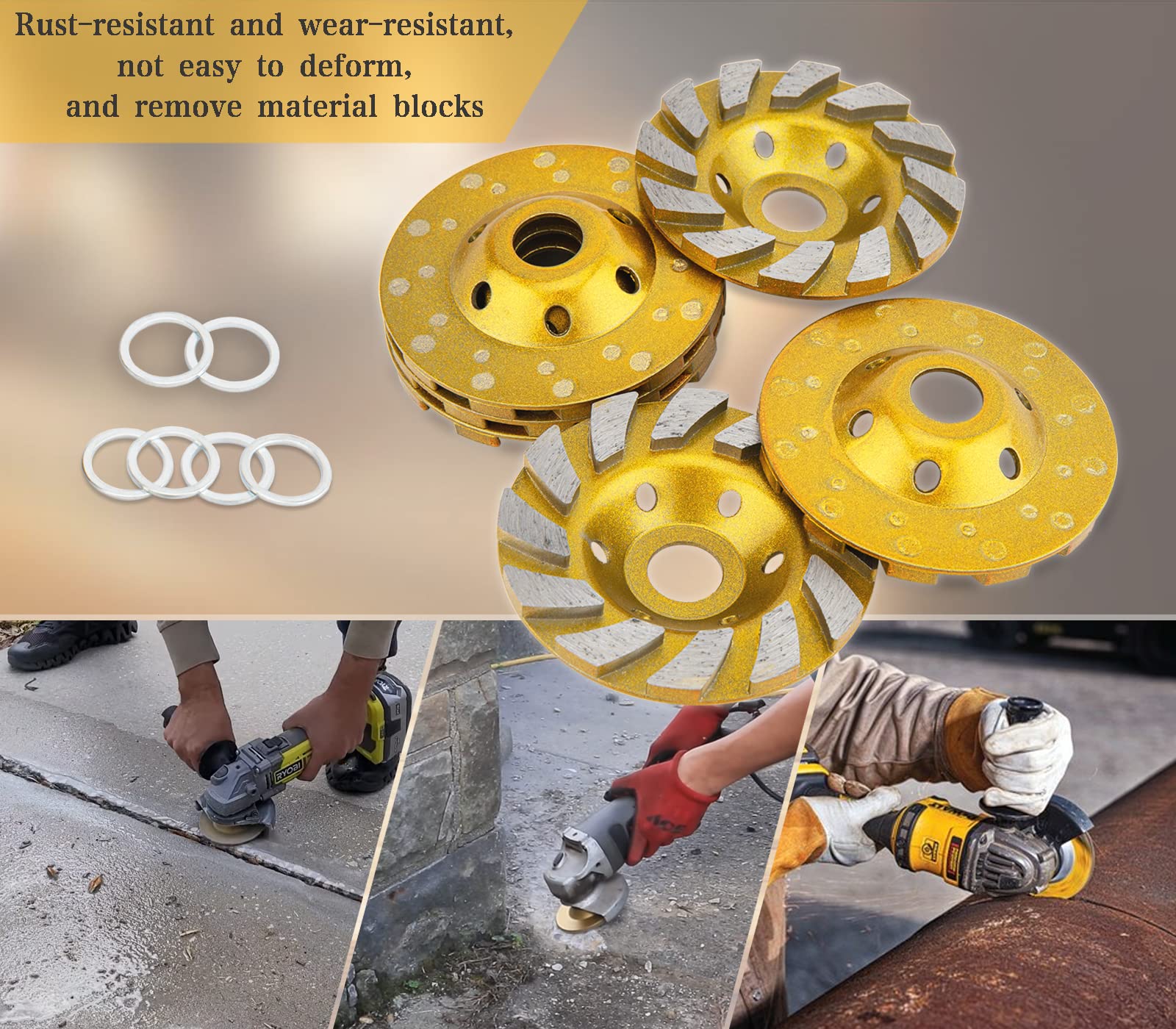 4 Inch Concrete Grinding Wheel, 6Pcs Concrete Turbo Diamond Grinding Cup Wheels for Concrete Granite Marble Masonry Stone, 12 Segs Heavy Duty Angle Grinder Wheels