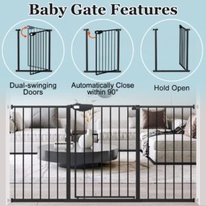 WAOWAO Triple Lock Baby Gate Extra Wide 57.87-62.59" Pressure Mounted Walk Through Swing Auto Close Safety Black Metal Dog Pet Puppy Cat for Stairs,Doorways,Kitchen
