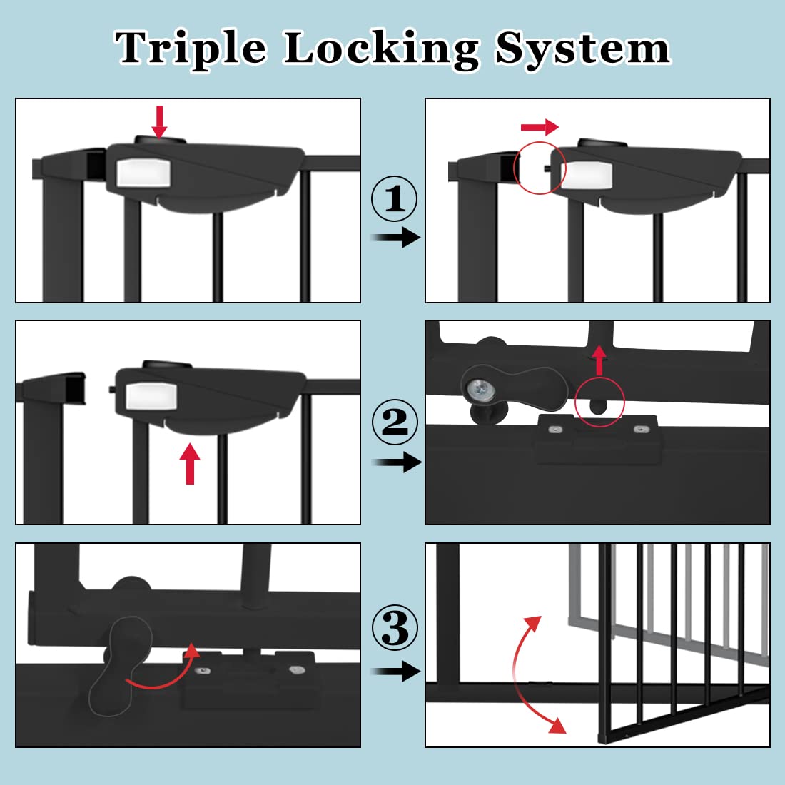 WAOWAO Triple Lock Baby Gate Extra Wide 57.87-62.59" Pressure Mounted Walk Through Swing Auto Close Safety Black Metal Dog Pet Puppy Cat for Stairs,Doorways,Kitchen