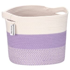 sea team oval large cotton rope woven storage basket with handles, white & mottled lavender, 16 x 13 inches