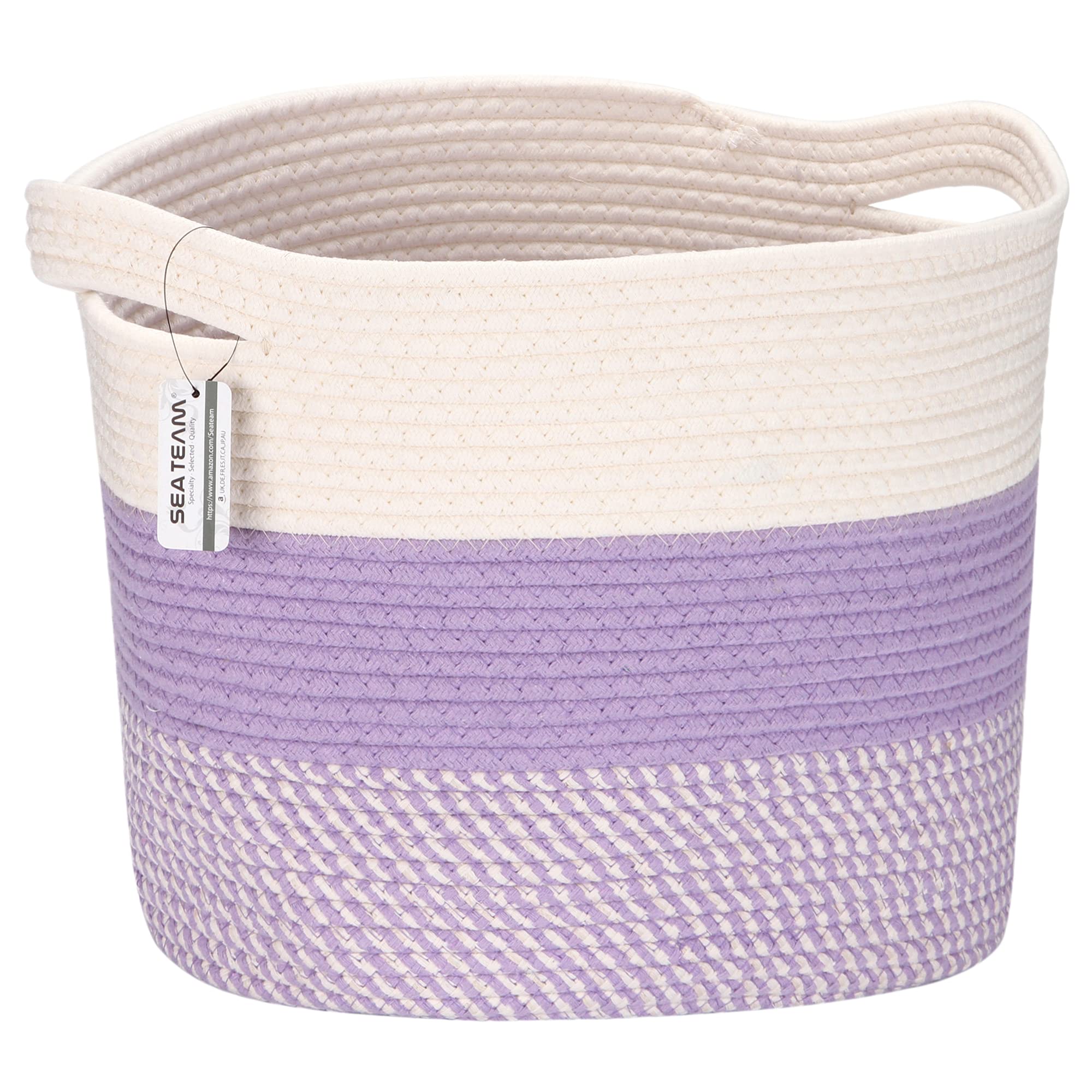 Sea Team Oval Large Cotton Rope Woven Storage Basket with Handles, White & Mottled Lavender, 16 x 13 inches